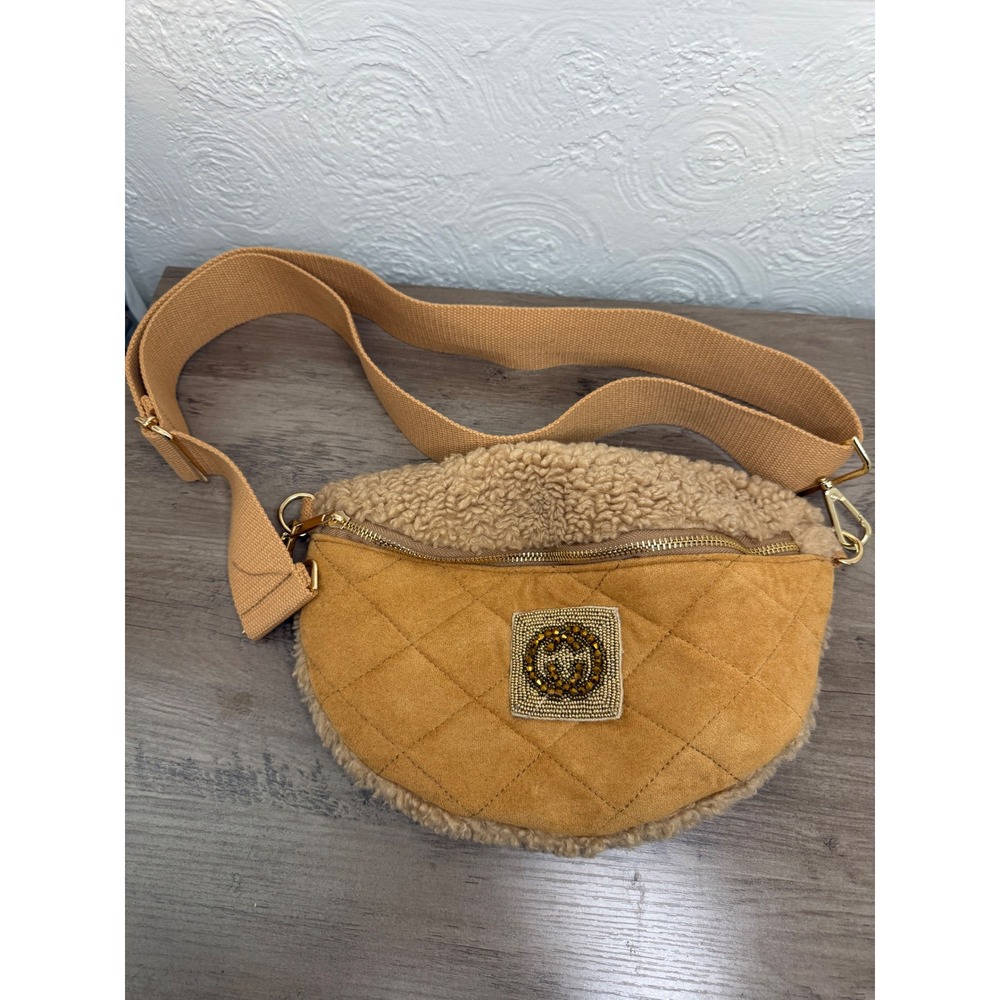 Ellison + Young Belt Bag Womens OS Tan Excellent Quilted Sherpa Beaded Crossbody